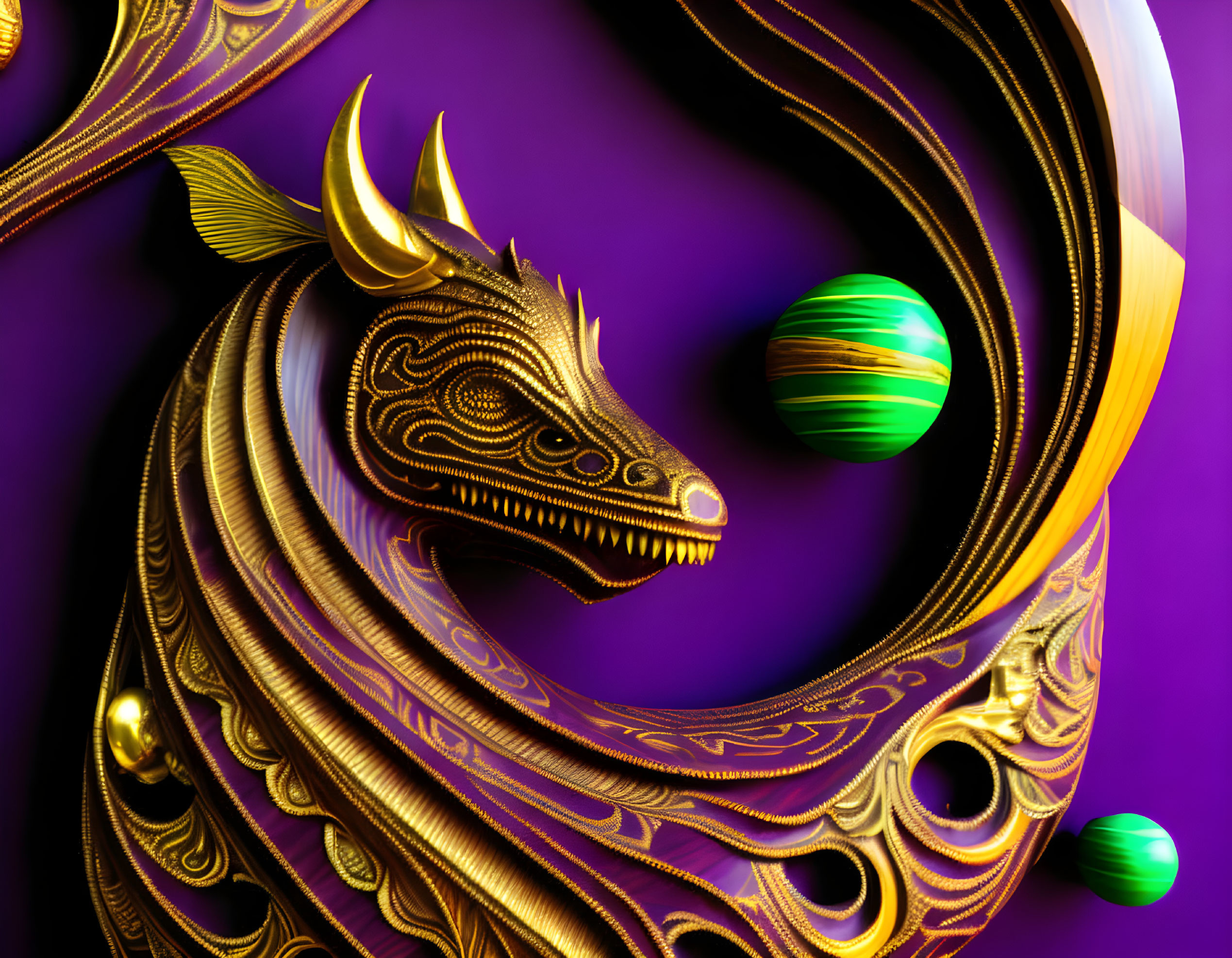 Intricate Golden Dragon Sculpture on Purple Background with Green Spheres