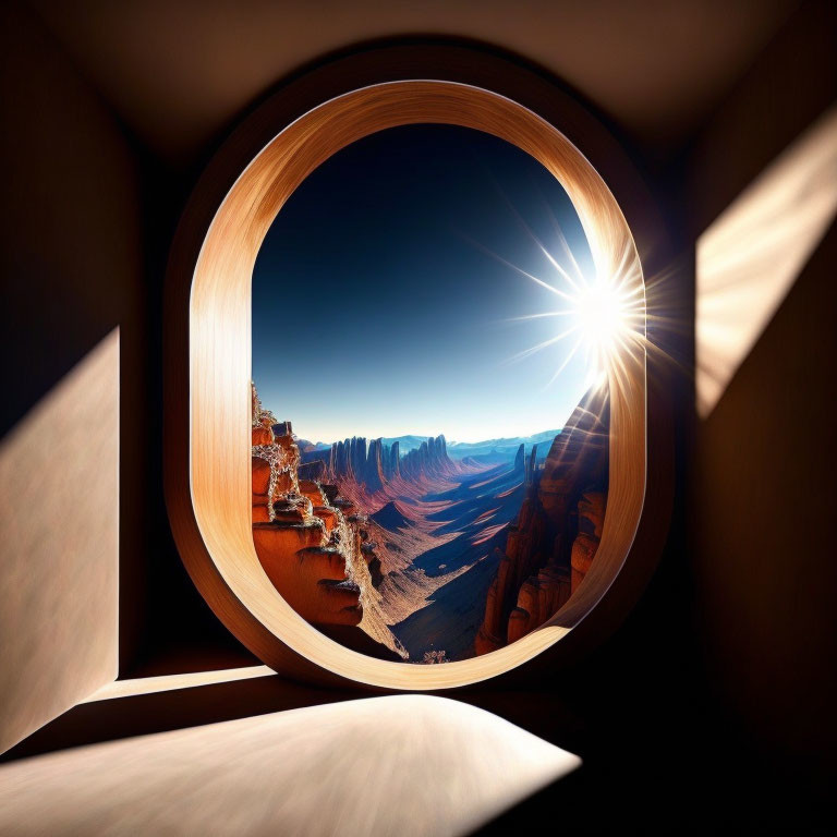 Circular Window Frames Sunlit Canyon Vista
