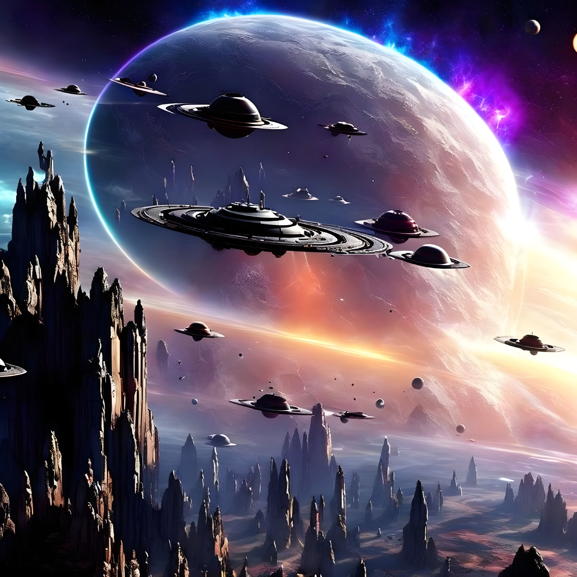 Sci-fi scene: Spaceships orbiting planet with moons in starry sky