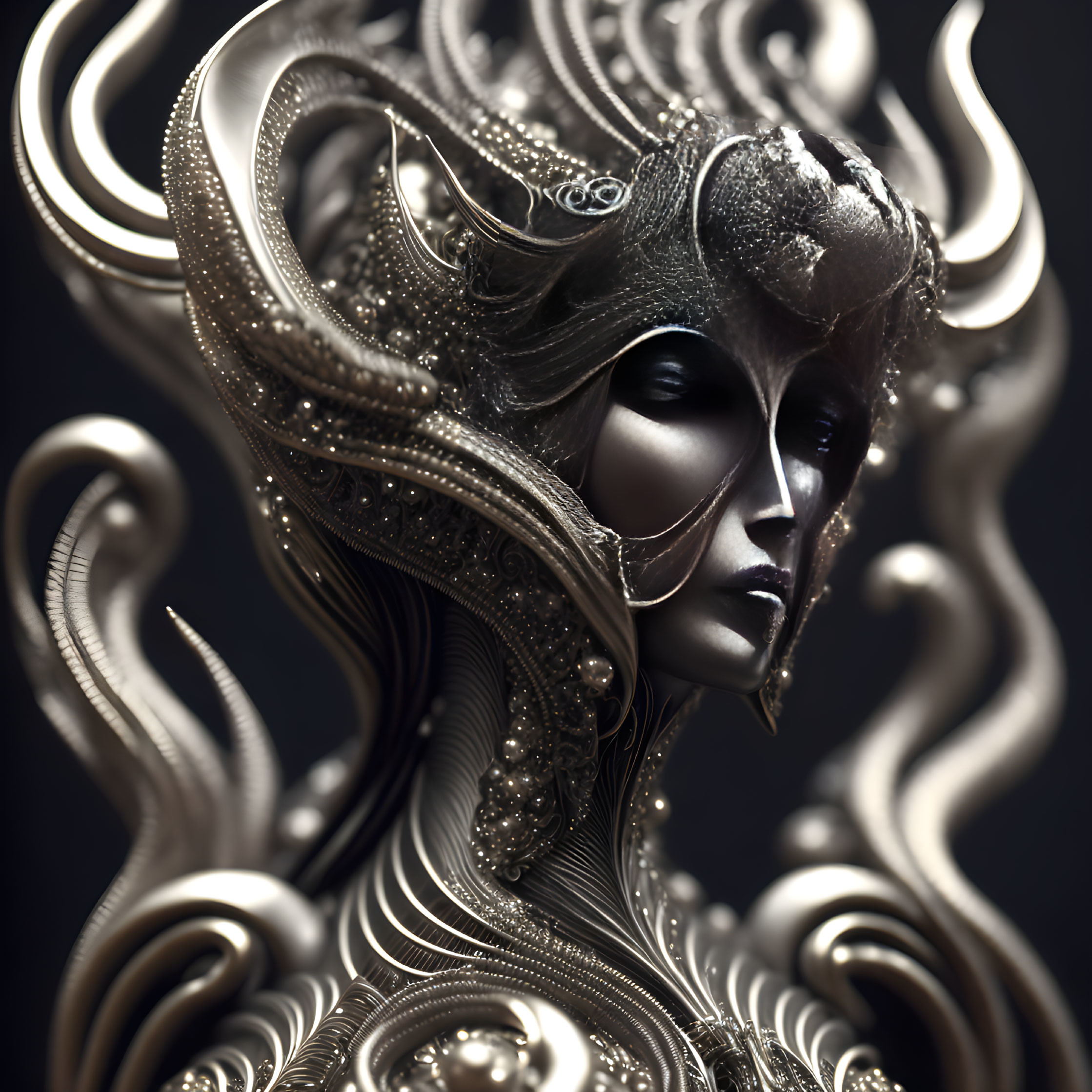 Detailed 3D illustration of female figure in ornate metallic armor on dark background