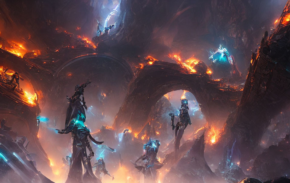 Fantastical landscape with fiery and icy figures battling among colossal structures