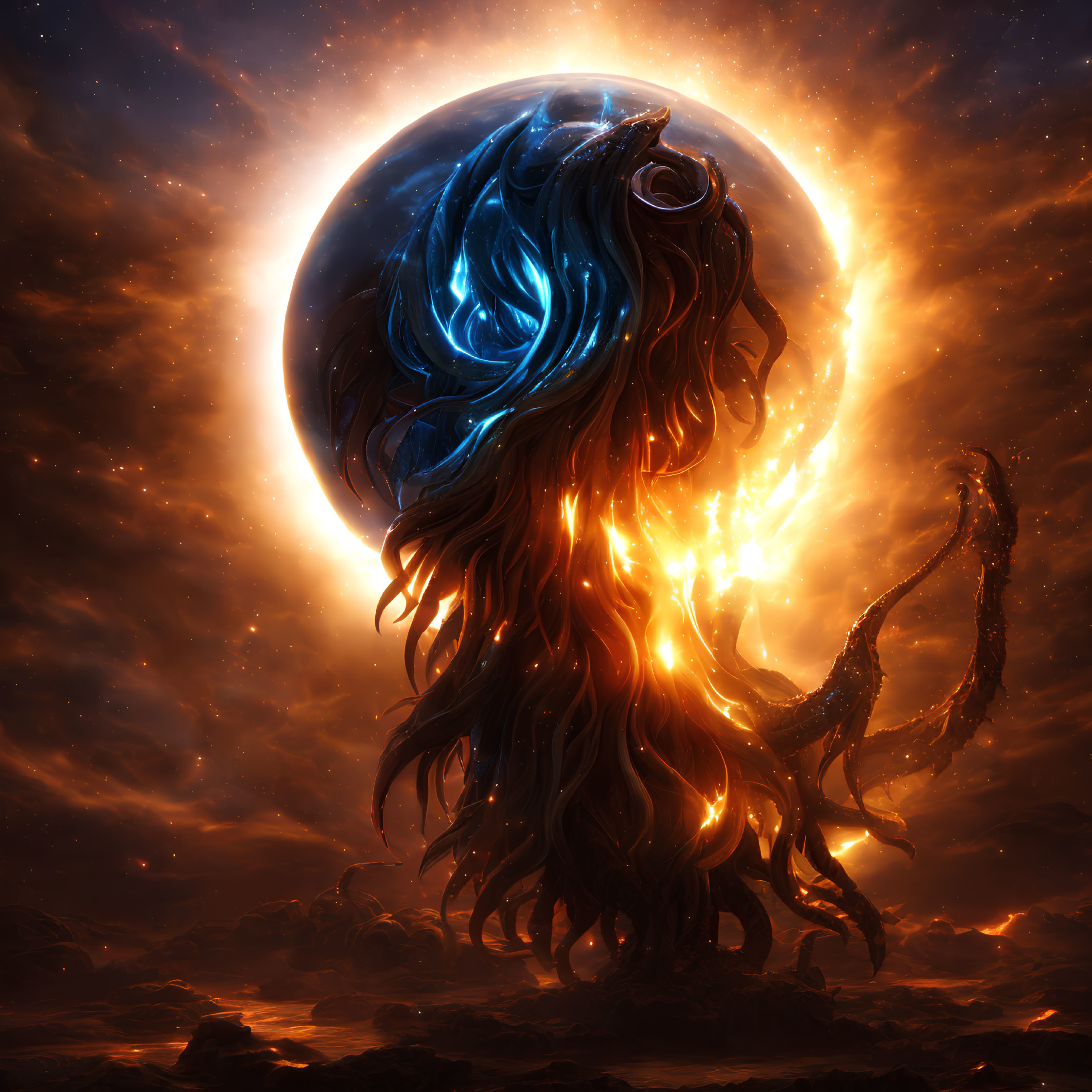 Fantastical fiery creature with luminescent tendrils against celestial backdrop