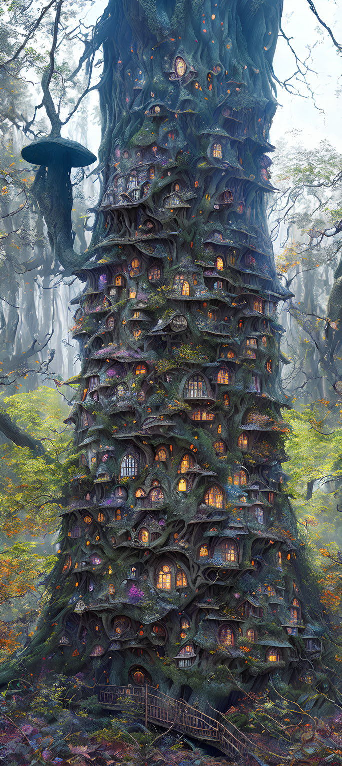 Majestic tree with house-like structures in mystical forest