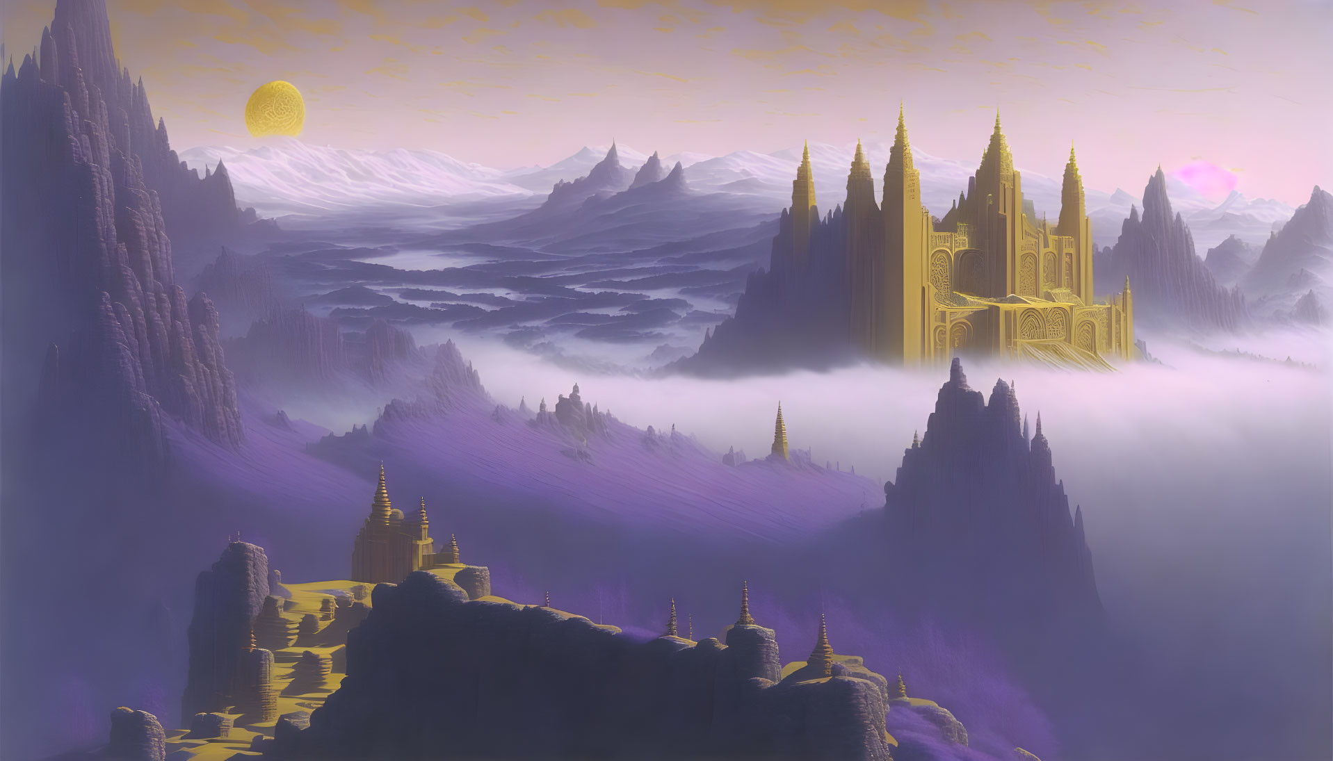 Golden castle on misty mountain peak in fantasy landscape