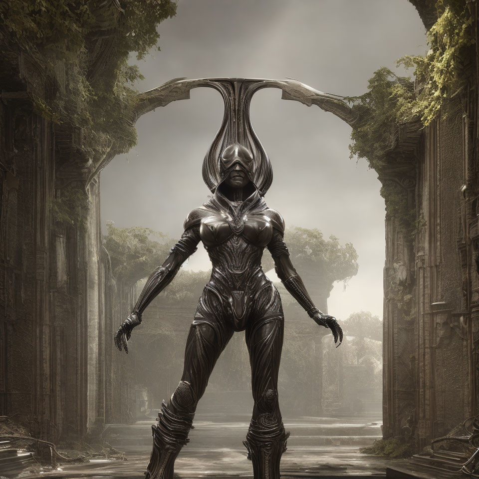 Elongated helmet humanoid figure in black suit in dimly lit ruinous temple