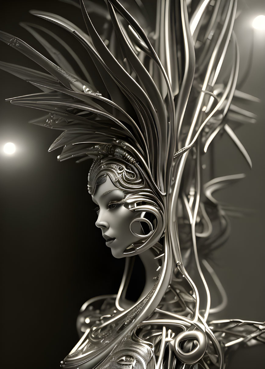 Intricate 3D metallic woman sculpture with swirling headdress on dark background