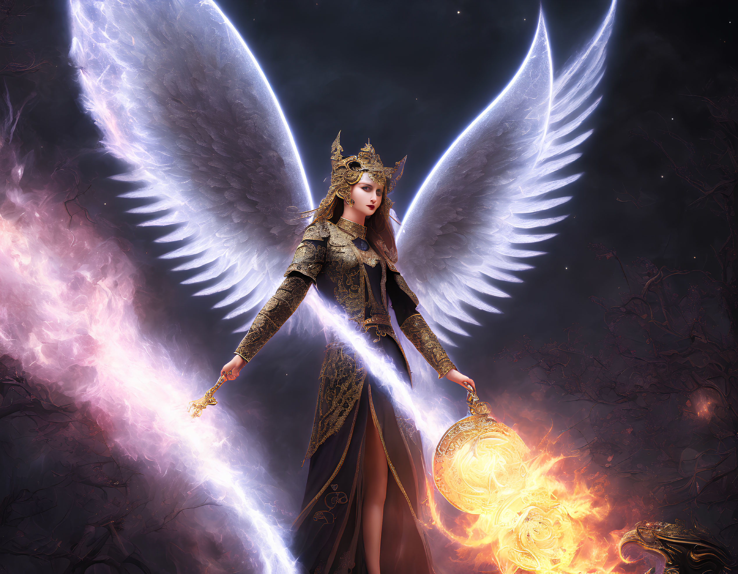 Majestic angelic figure with glowing wings and radiant sword