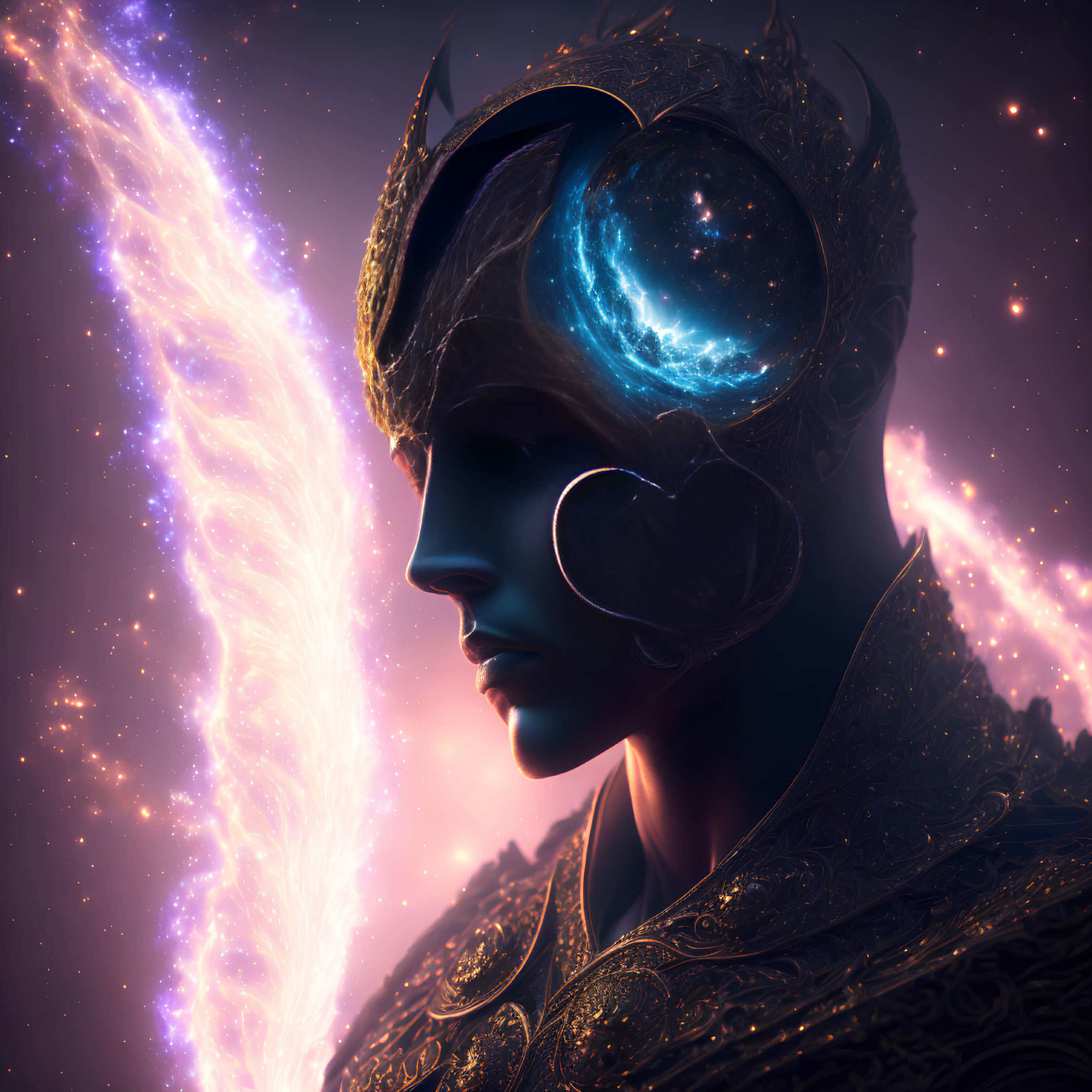Regal figure with galaxy helmet in cosmic digital artwork