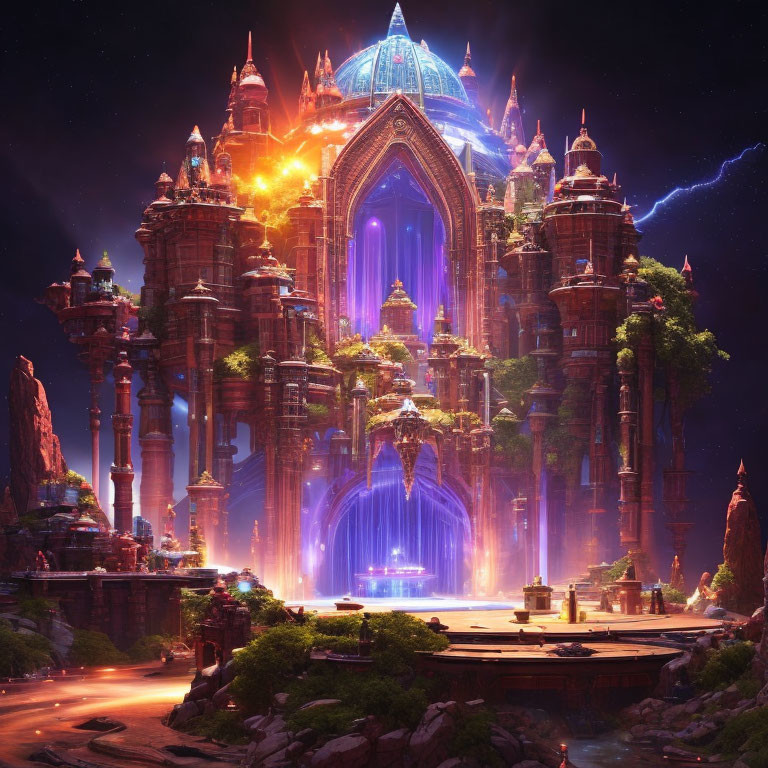 Fantastical palace with ornate spires under purple and golden lights