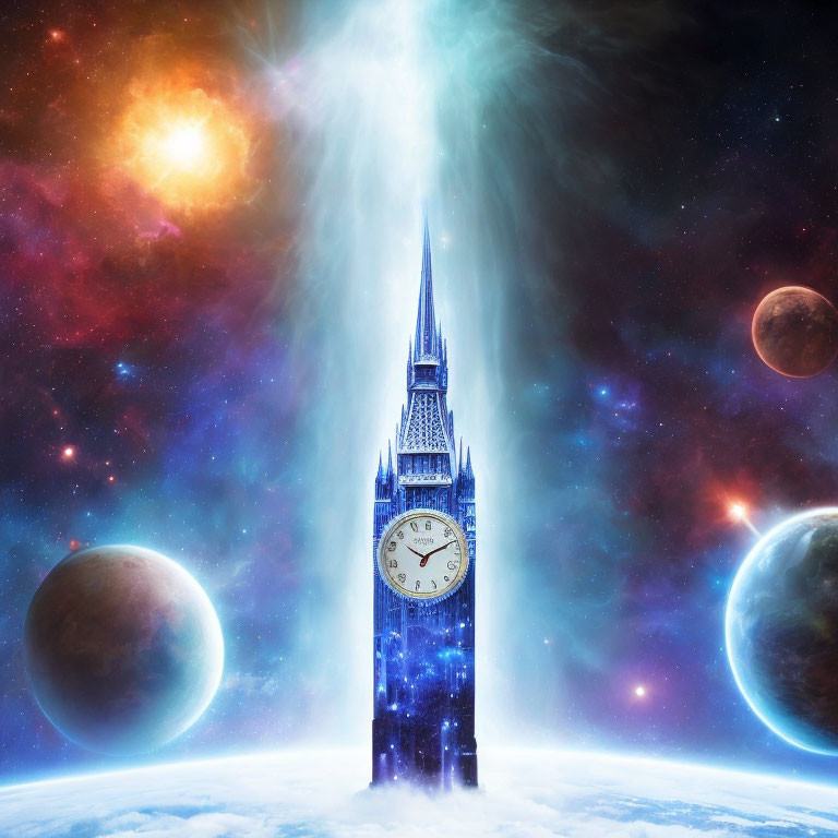 Big Ben tower emitting blue light in cosmic scene with stars, nebula, and planets