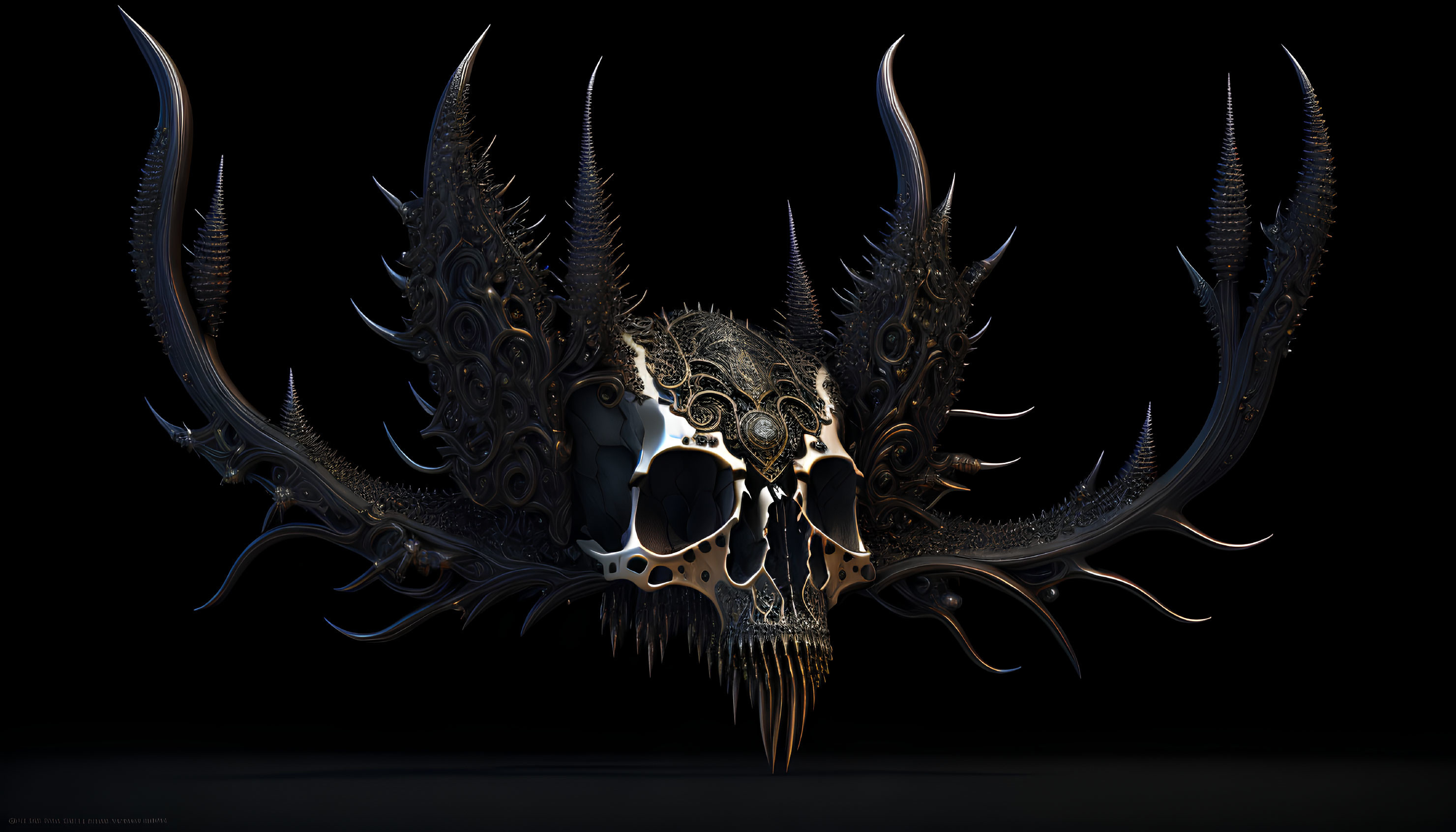 Intricate metallic skull with ornate horns and filigree detailing