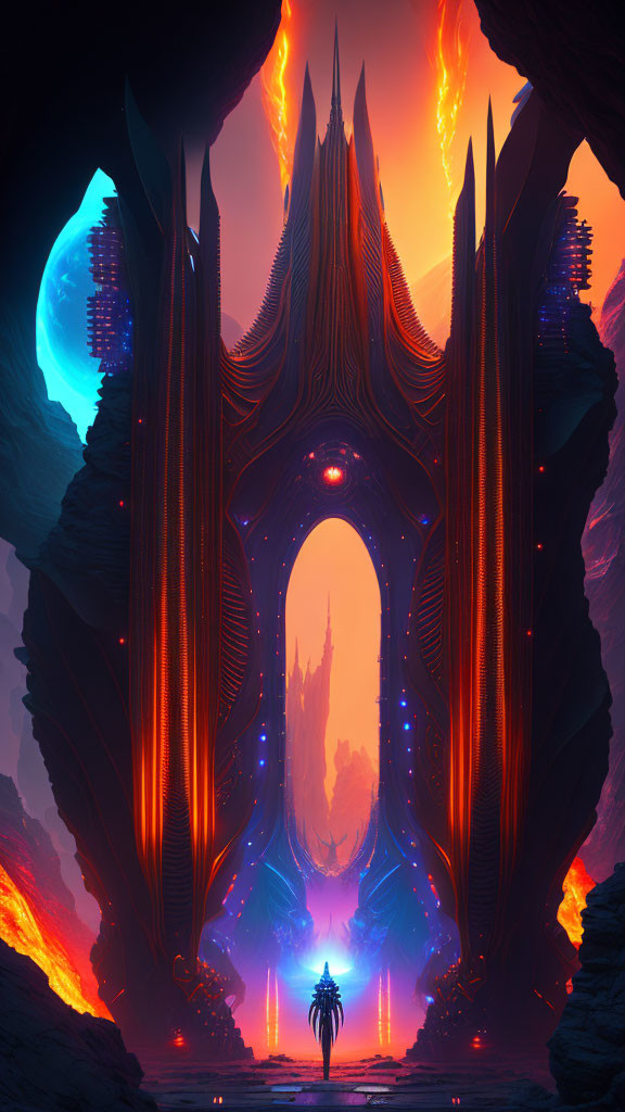 Futuristic glowing structure with lone figure in surreal landscape