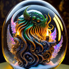 Colorful Tentacled Creature with Horns in Snow Globe Display