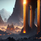 Futuristic landscape with towering structures and glowing lava flows