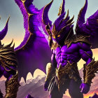 Dragon-like creatures in volcanic landscape with horns and purple accents