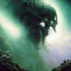 Green-hued image of massive dragon above cliff with figure below, evoking adventure.