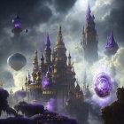 Floating City with Golden Domes, Magic Orbs, and Airships in Ethereal Landscape