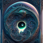 Colorful cosmic artwork with yin-yang symbol and celestial bodies in ornate pattern