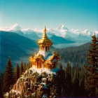 Golden temple on rocky outcrop in pine forest with snow-capped mountains and clear sky