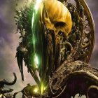 Golden skull with metallic decorations glowing green eyes against cloudy sky