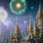Golden castle with spires under starry sky, moon, planet, and cosmic clouds