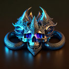 Metallic Dragon-Themed Skull with Blue Illumination on Brown Background