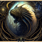 Fantastical dragon with golden gears and celestial bodies on dark backdrop.