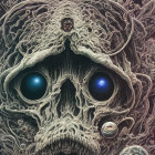 Surreal cosmic skull with swirling nebulous textures and glowing blue orbs in eye sockets on starry