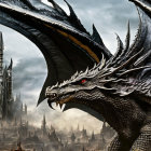 Black Dragon with Red Eyes in Front of Dark Castle: Fantasy Scene