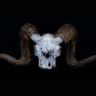 Skull with horns, feathers, and beads on black background