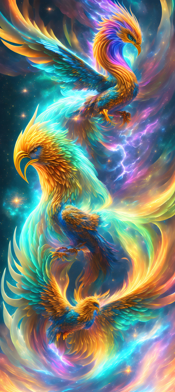 Colorful digital artwork: Three phoenixes soaring in cosmic sky