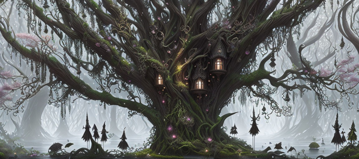 Enchanting forest with mystical treehouse and floating lanterns