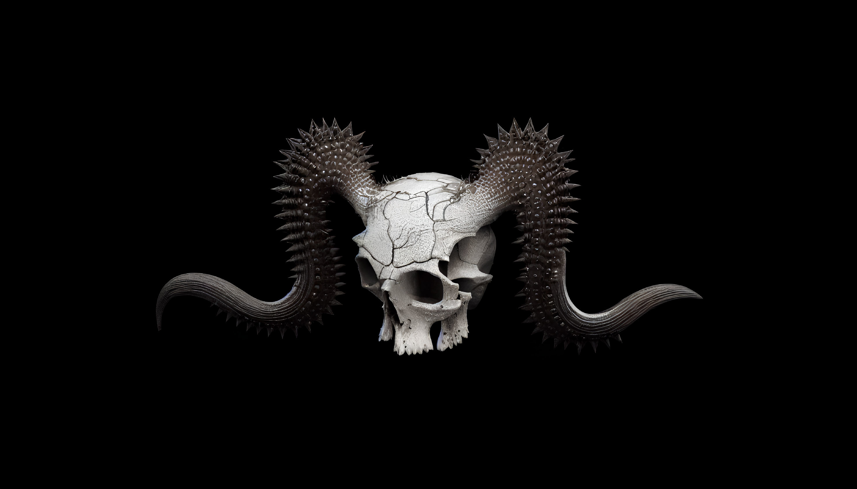 Digital artwork: Cracked skull with horns and tentacles on black background