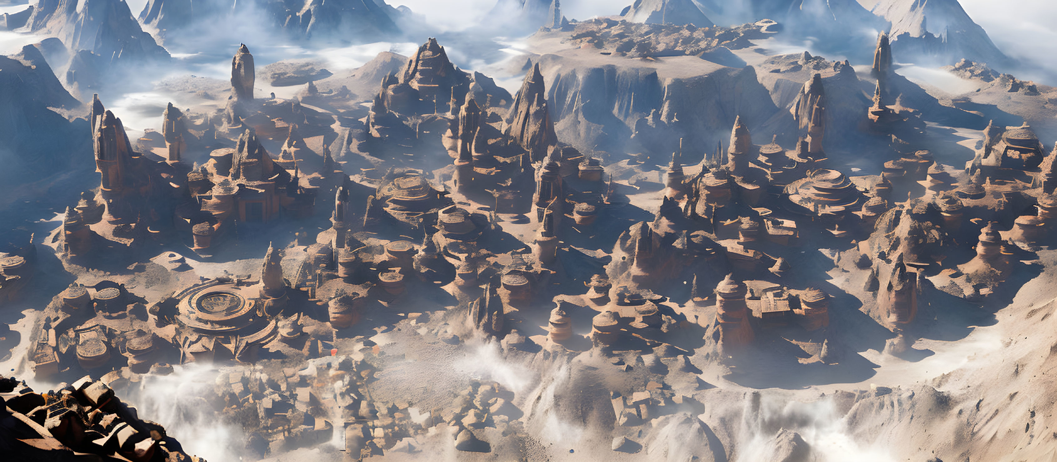 Rugged Desert Landscape with Rocky Formations and Alien-Like Structures