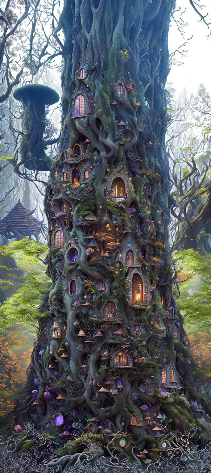 Enchanted tree with windows and doorways in mystical forest