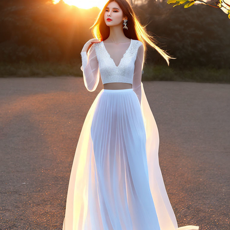 Elegant woman in white dress at golden hour