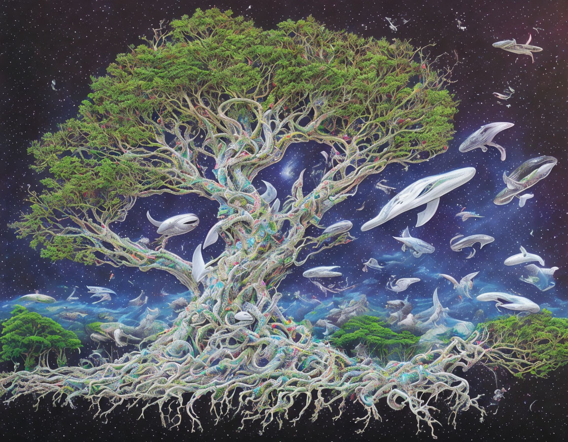 Surreal cosmic tree with whale-like creatures in star-filled sky