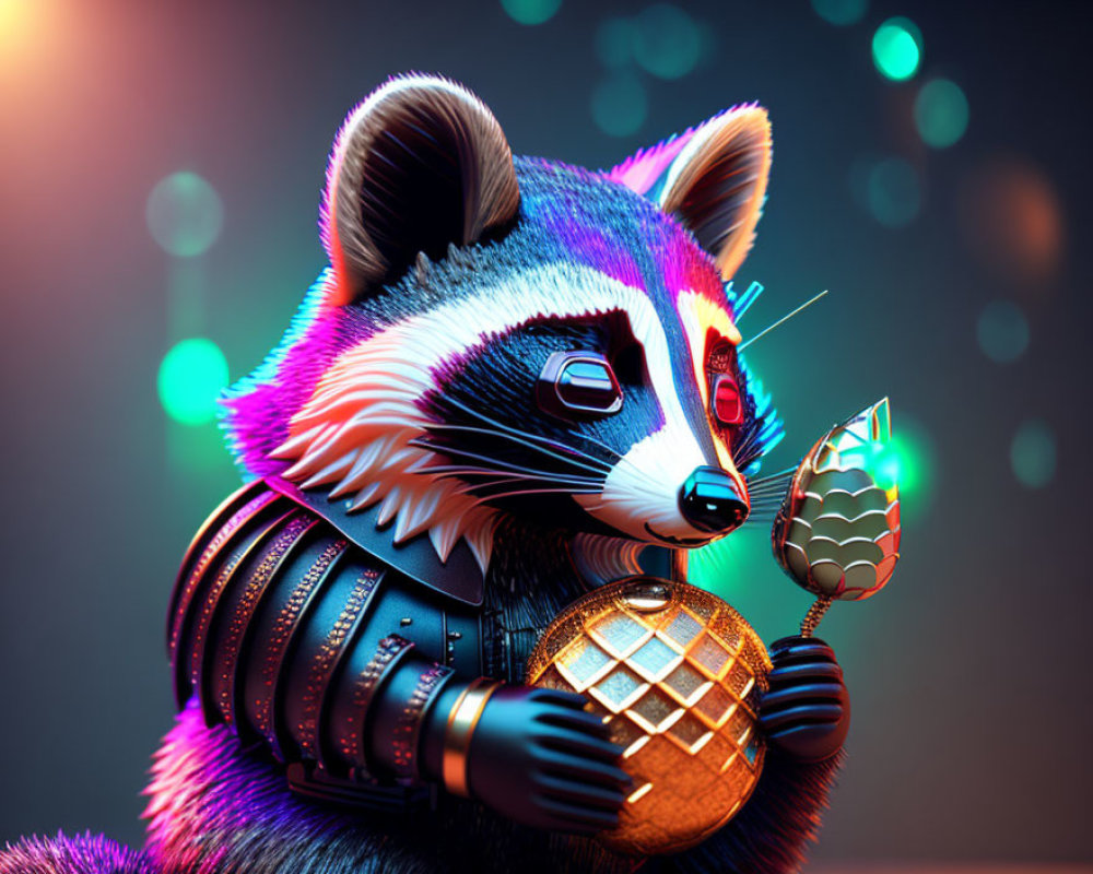 Vibrant digital illustration of raccoon with futuristic object