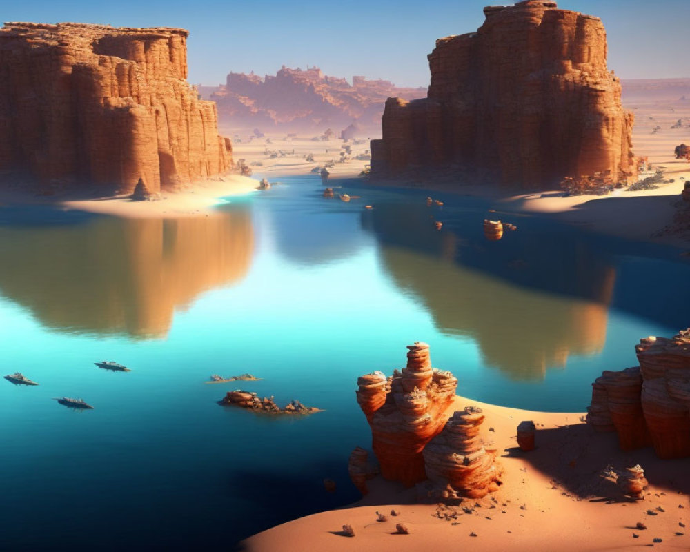 Tranquil blue river winding through desert cliffs and rock formations