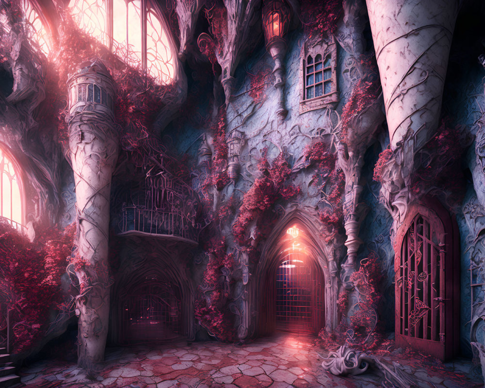 Ethereal Gothic interior with red ivy, ornate windows, arches, columns