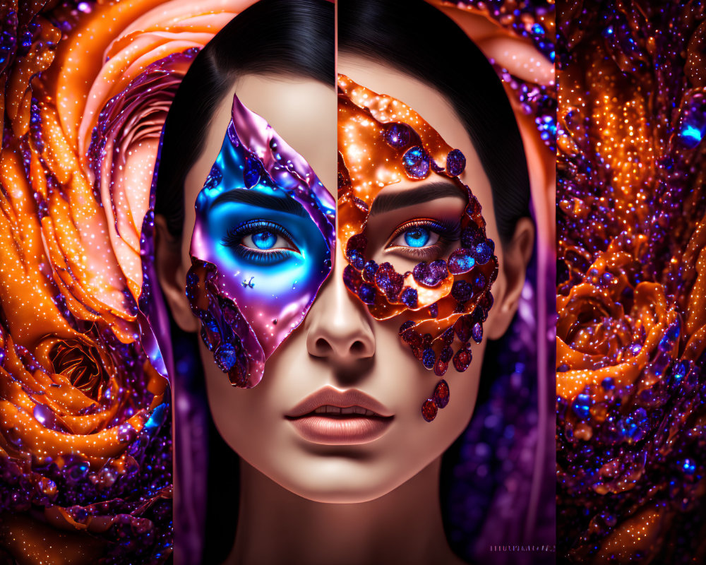 Split image of woman's natural face and cosmic starry design