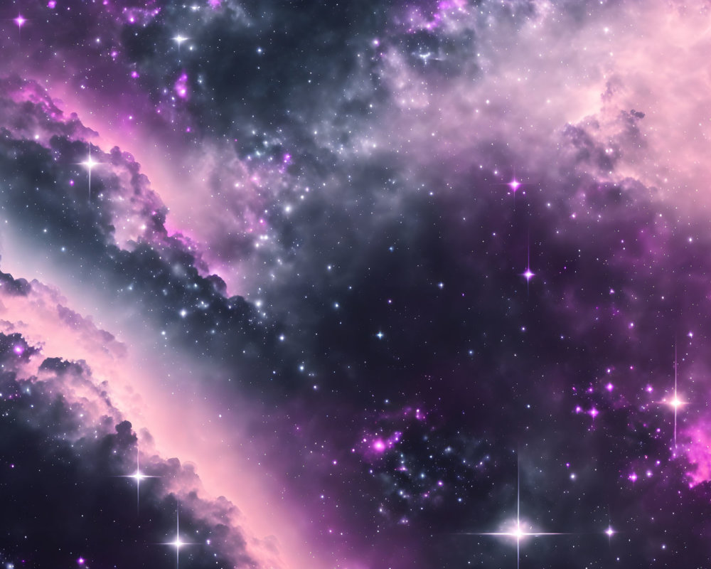 Colorful purple and pink cosmic nebulae with stars on dark space background