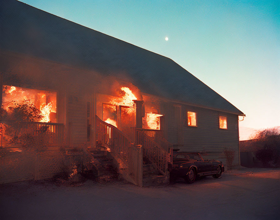 Burning house with classic car and moonlit sky