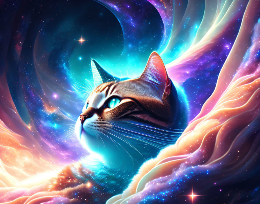 Digital artwork: Cat's face on cosmic background