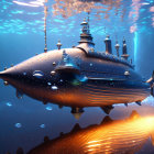 Intricate futuristic submarine in vibrant underwater cityscape