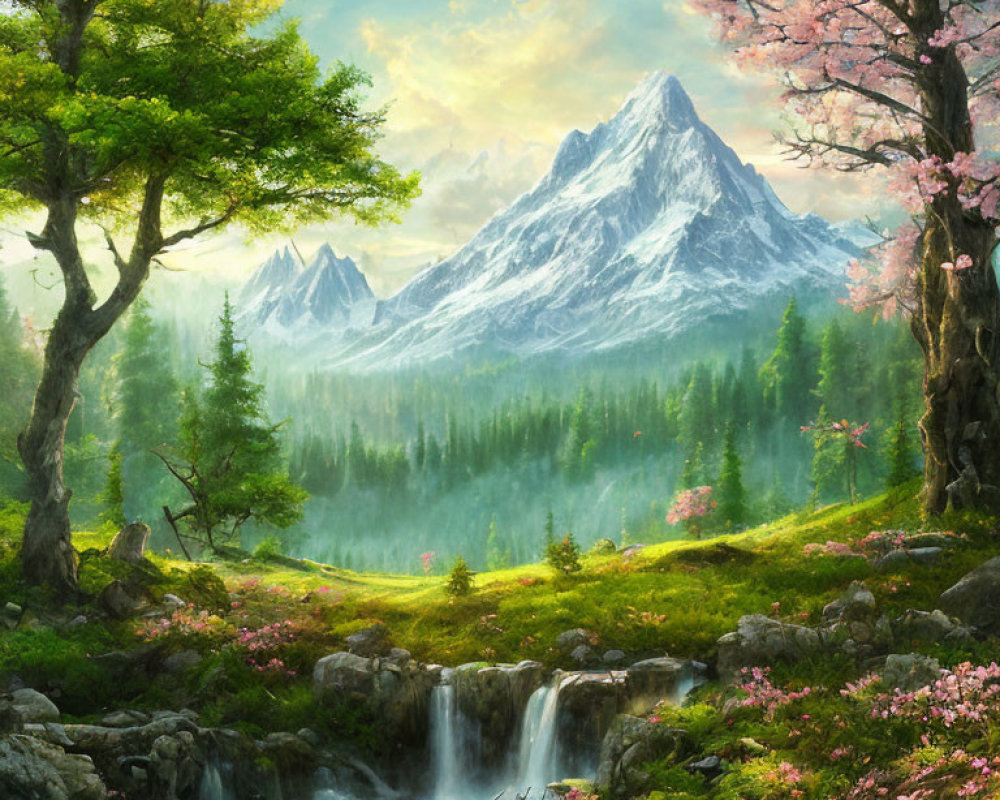 Tranquil landscape: waterfall, snow-capped mountain, greenery, pink trees