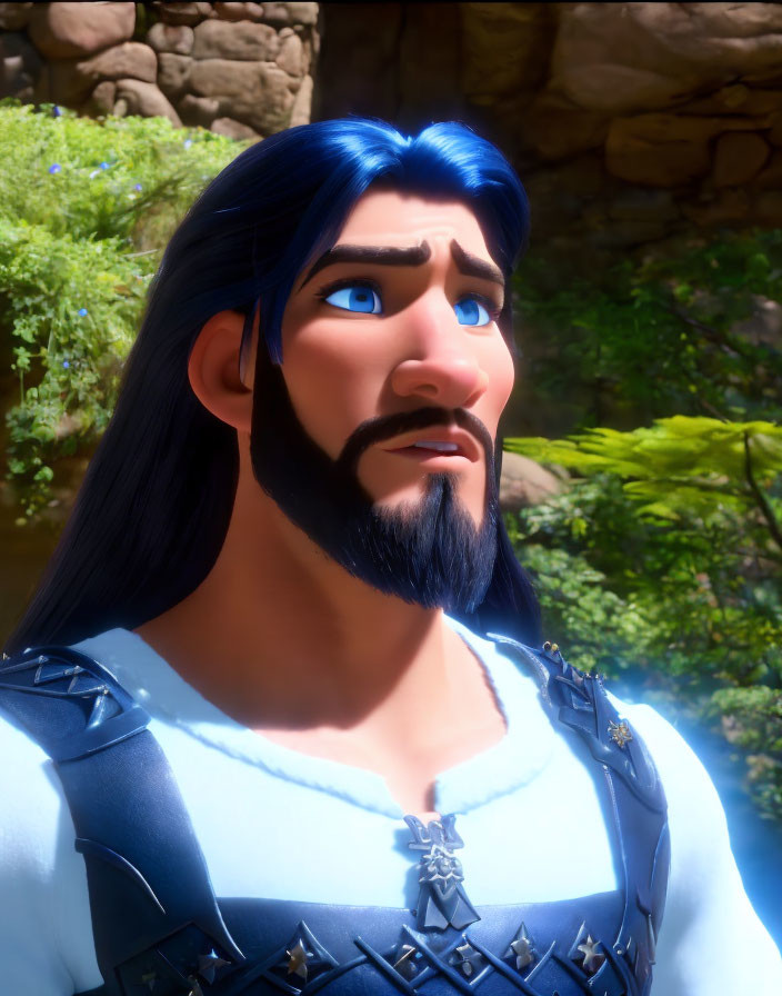 3D animated character in medieval armor with blue eyes and beard