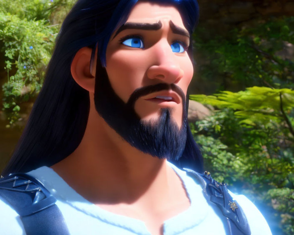 3D animated character in medieval armor with blue eyes and beard