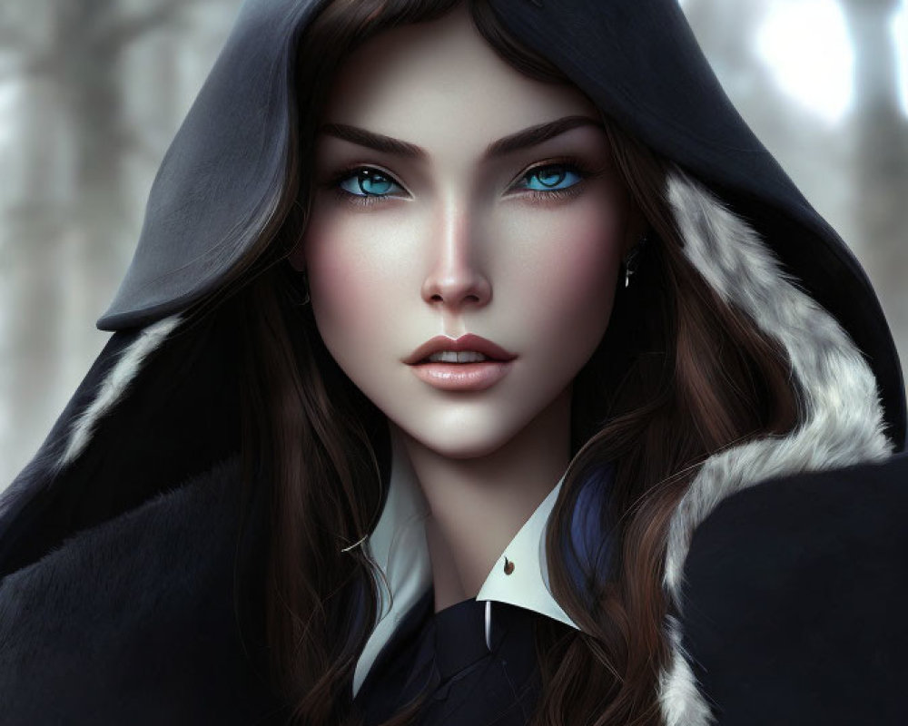 Digital portrait of woman with blue eyes and dark hair in hooded cloak with white fur trim.