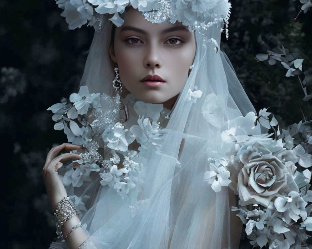 Elaborate floral headpiece and sheer veil on woman in dark foliage.